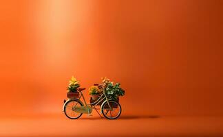 antiek fiets met planten Aan roodachtig groen achtergrond wielersport naar verminderen auto gebruik en verminderen globaal opwarming.generatief ai. foto