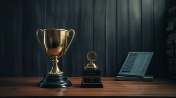 winnaar trofee Aan blauw en zwart houten balie, in de stijl van realistisch hedendaags, generatief ai foto