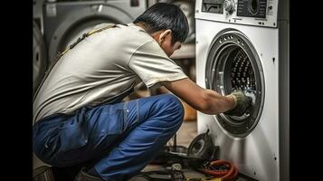 loodgieter repareren het wassen machine. ai generatief foto