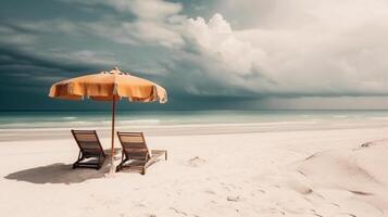 zomer strand door de zeestrand stoel en paraplu. generatief ai. foto