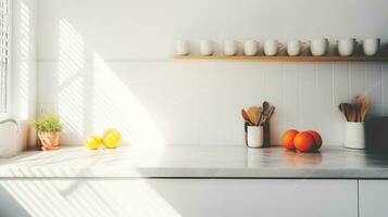 onderzoeken de verleidelijk esthetiek van een helder keuken kamer met wit muur. generatief ai foto