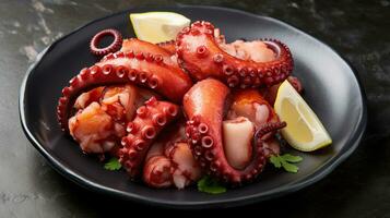 kunstzinnig bereid gekookt Octopus weergegeven Aan een ijzig bord. generatief ai foto