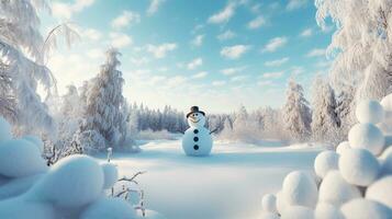 winter wonderland, een panoramisch genot van een blij sneeuwman. generatief ai foto