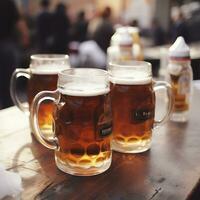 oktoberfeest bier glas Aan houten tafel dichtbij omhoog zomer festivals foto