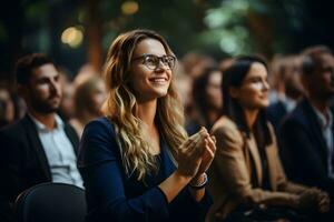 vrouw deelnemer klappen na een motiverende grondtoon toespraak. jong vrouw zittend in een druk publiek Bij een bedrijf conferentie. generatief ai foto