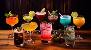 verschillend kleurrijk exotisch alcoholisch cocktails Aan hout. generatief ai foto