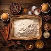 ondersteboven visie van rauw koekje deeg en bakken ingrediënten vastleggen de vreugde van bakken ai generatief foto