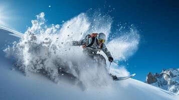 de besneeuwd lancering - een skiër sprong van adrenaline en avontuur ai generatief foto