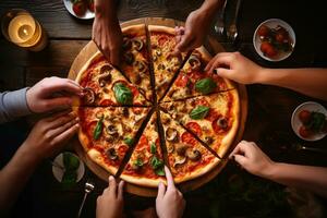 overhead schot van gedeeld pizza beeltenis culinaire genot en gemeenschap ai generatief foto