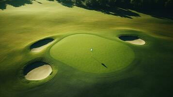 vlekkeloos zetten groen en gat met golfers in de achtergrond aan het wachten verwachtingsvol ai generatief foto