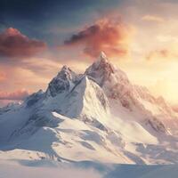 onaangeroerd besneeuwd berg landschap onder de zacht gloed van een instelling zon ai generatief foto