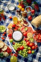 antenne visie van een zomer picknick presentatie van buitenshuis dining Aan een geruit deken ai generatief foto