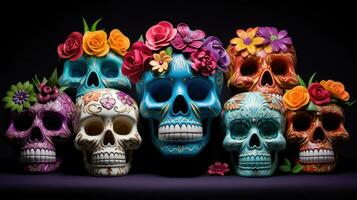 schedels met bloemen decoraties. samenstelling voor dag van dood. generatief ai foto