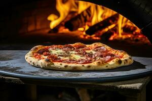 pizza is Koken in traditioneel hout brandend oven. generatief ai foto