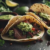 gegrild rundvlees taco met guacamole en koriander. ai generatief foto