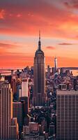 levendig panoramisch stadsgezicht van nieuw york Bij zonsondergang met iconisch wolkenkrabbers en genereus kopiëren ruimte ai generatief foto