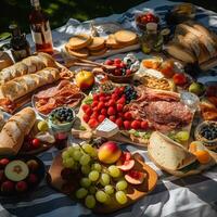 antenne visie van een zomer picknick presentatie van buitenshuis dining Aan een geruit deken ai generatief foto