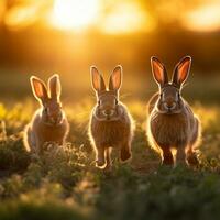 een familie van wild konijnen genieten van de gouden uur visie in een met gras begroeid veld- ai generatief foto
