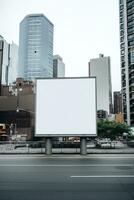 blanco aanplakbord kader genesteld temidden van een bruisend stedelijk landschap, Open canvas voor creativiteit ai generatief foto