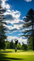 een midden-zwaai golfspeler silhouet tegen een levendig groen golf Cursus onder een Doorzichtig blauw lucht ai generatief foto