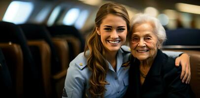 stewardess helpt oud vrouw naar vind een plaats in de vliegtuig foto