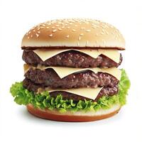 dubbele Hamburger geïsoleerd Aan wit achtergrond vers hamburger snel voedsel met rundvlees en room kaas. ai generatief foto