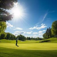 een midden-zwaai golfspeler silhouet tegen een levendig groen golf Cursus onder een Doorzichtig blauw lucht ai generatief foto