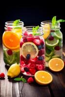 modieus assortiment van ontgiften fruit water in levendig metselaar potten Aan een rustiek houten tafelblad ai generatief foto