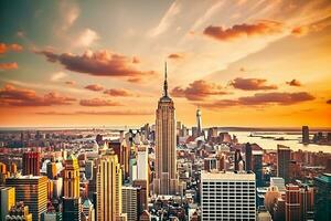 levendig panoramisch stadsgezicht van nieuw york Bij zonsondergang met iconisch wolkenkrabbers en genereus kopiëren ruimte ai generatief foto