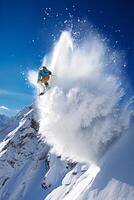 de besneeuwd lancering - een skiër sprong van adrenaline en avontuur ai generatief foto