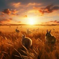 een familie van wild konijnen genieten van de gouden uur visie in een met gras begroeid veld- ai generatief foto