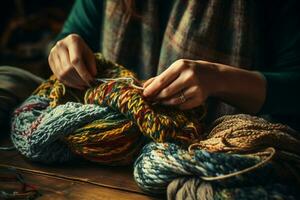 een vrouw zittend Bij een tafel en breiwerk een nieuw mooi sjaal. de concept van handwerk en gemakkelijk vreugden van leven. ai gegenereerd. foto