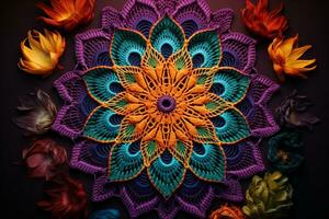 een kleurrijk gehaakt mandala, gemaakt omhoog van ingewikkeld haken hechtingen en omringd door bloemen. reflectie van heelheid, eenheid en onderlinge verbinding. ai gegenereerd. foto