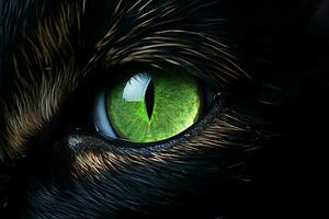 detailopname van van katten groen oog, verwijd leerling, symbool van mysterie, intensiteit, en wild natuur. ai gegenereerd. foto