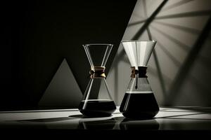 een minimaal samenstelling van een koffie maker in zwart en wit. grafisch wisselwerking van vormen, verlicht naar nadruk het formulier. ai gegenereerd. foto