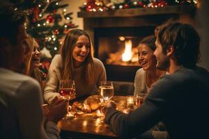 groep van gelukkig jong mensen vieren Bij Kerstmis vooravond en nieuw jaar feest. tiener- vriendschappen hebben avondeten Bij de nacht partij samen met plezier. generatief ai. foto