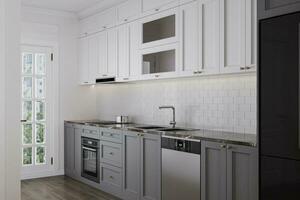 Kiezen zeer verkiezen knal en wit kleur voor uw keuken met modern accessoires 3d renderen foto