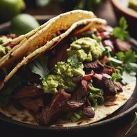 gegrild rundvlees taco met guacamole en koriander. ai generatief foto