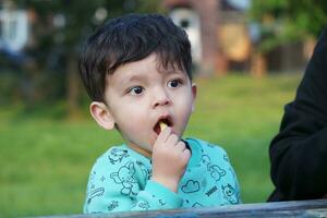 schattig Aziatisch Pakistaans baby jongen is aan het eten in een lokaal afweren openbaar park van luton stad, Engeland uk. beeld gevangen genomen Aan juli 23e, 2023 foto