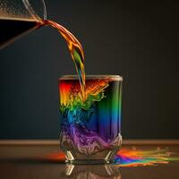 gieten een glas van regenboog gekleurde koffie in een bier mok ai gegenereerd beeld foto