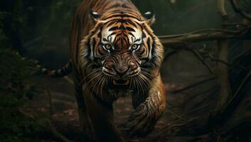 tijger in de Woud. dieren in het wild tafereel van natuur. mooi en gevaarlijk dier ai gegenereerd foto