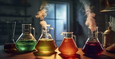 chemie experiment met laboratorium kolven. ai generatief foto