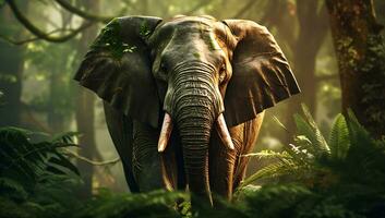 olifant in oerwoud Woud. dier in de oerwoud. dieren in het wild tafereel ai gegenereerd foto