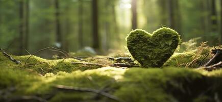 detailopname van houten hart Aan mos. natuurlijk begrafenis graf in de bossen. generatief ai foto