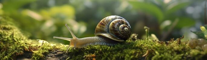 een reis door de Woud. detailopname van een slak in de Woud met natuurlijk achtergrond. ai generatief foto