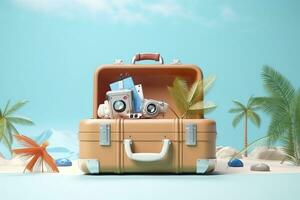 creatief zomer strand samenstelling in koffer Aan blauw achtergrond, een reizen concept idee in 3d weergave. ai generatief foto
