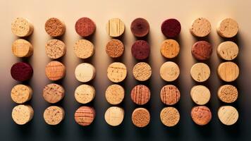 een verzameling van wijnoogst wijn kurken weergegeven netjes geïsoleerd Aan een helling achtergrond foto