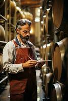 wijn deskundige analyseren fermentatie werkwijze in een rustiek bruisend wijnmakerij foto