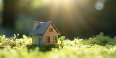 een huis voor de toekomst. een klein model- huis in de zonlicht. kopiëren ruimte van huis en leven concept. ai generatief foto