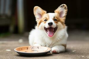 schattig welsh corgi hond aan het wachten naar eten voedsel foto